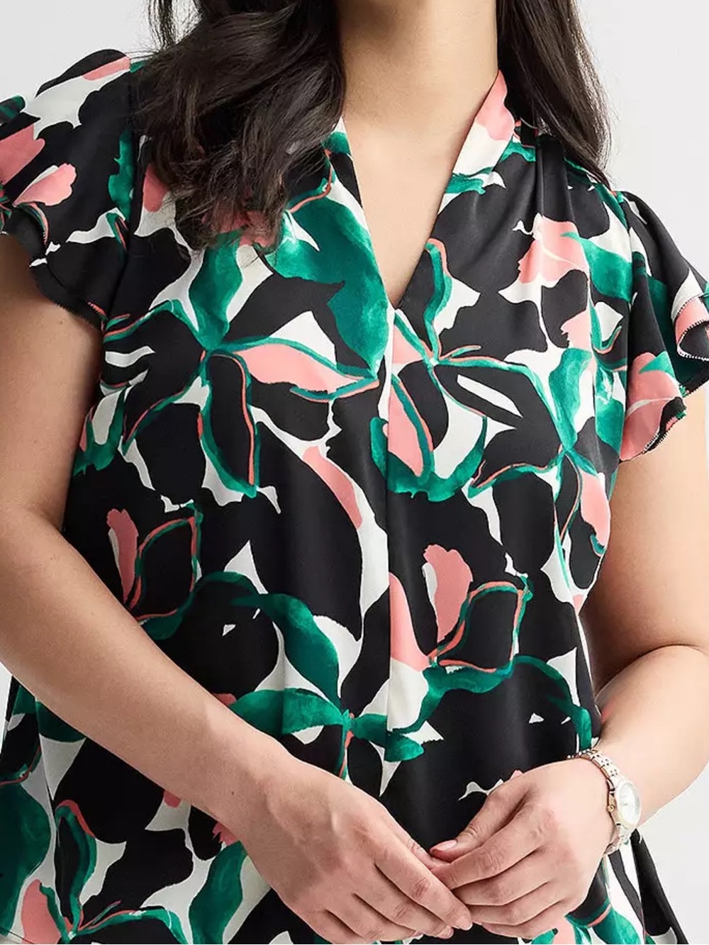 Nine West Black Floral Blouse with Coral & Teal Green Accents